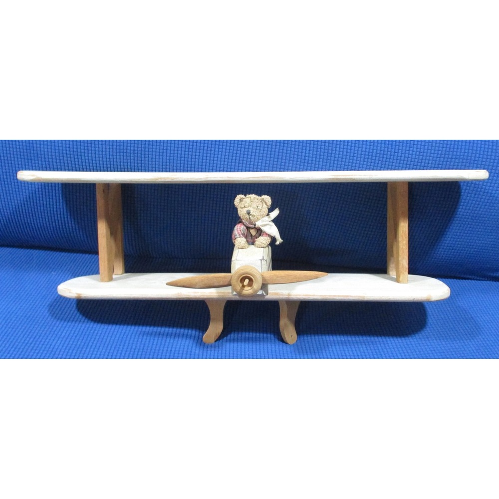 Vintage Style Wooden Biplane Wall Shelf with Aviator Teddy Bear Decor 34.5x13x11